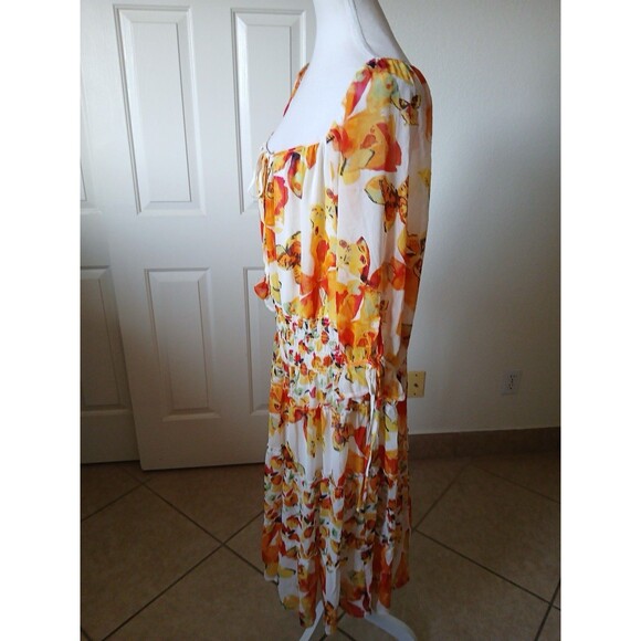 Figueroa & Flower Womens Ivory Orange Print Smocked Midi Dress Fairy Boho 2X - Picture 5 of 15